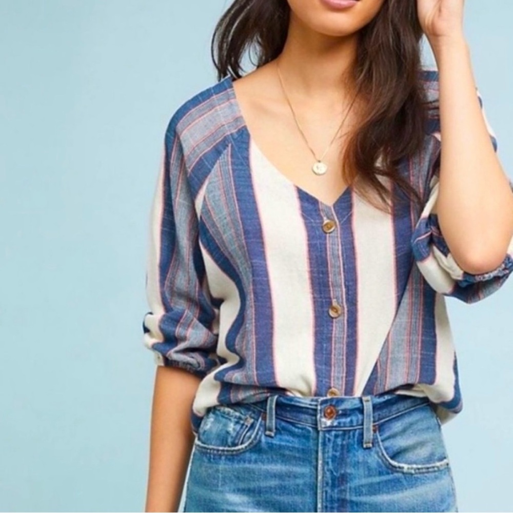 Anthropologie Cloth & Stone Chambray Striped
Cotton Classic Blouse - XS